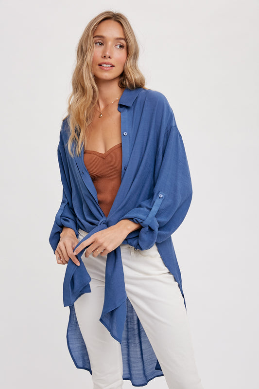 Blue longline button up blouse