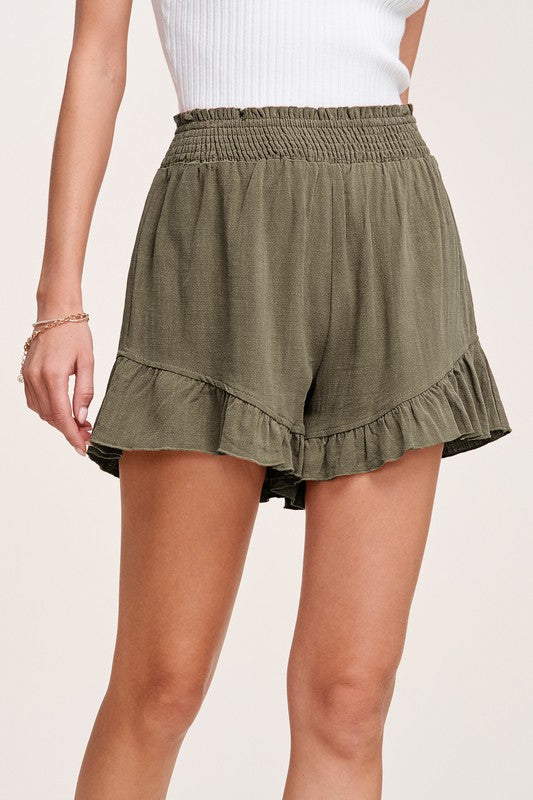 Olive ruffle hem linen blend shorts